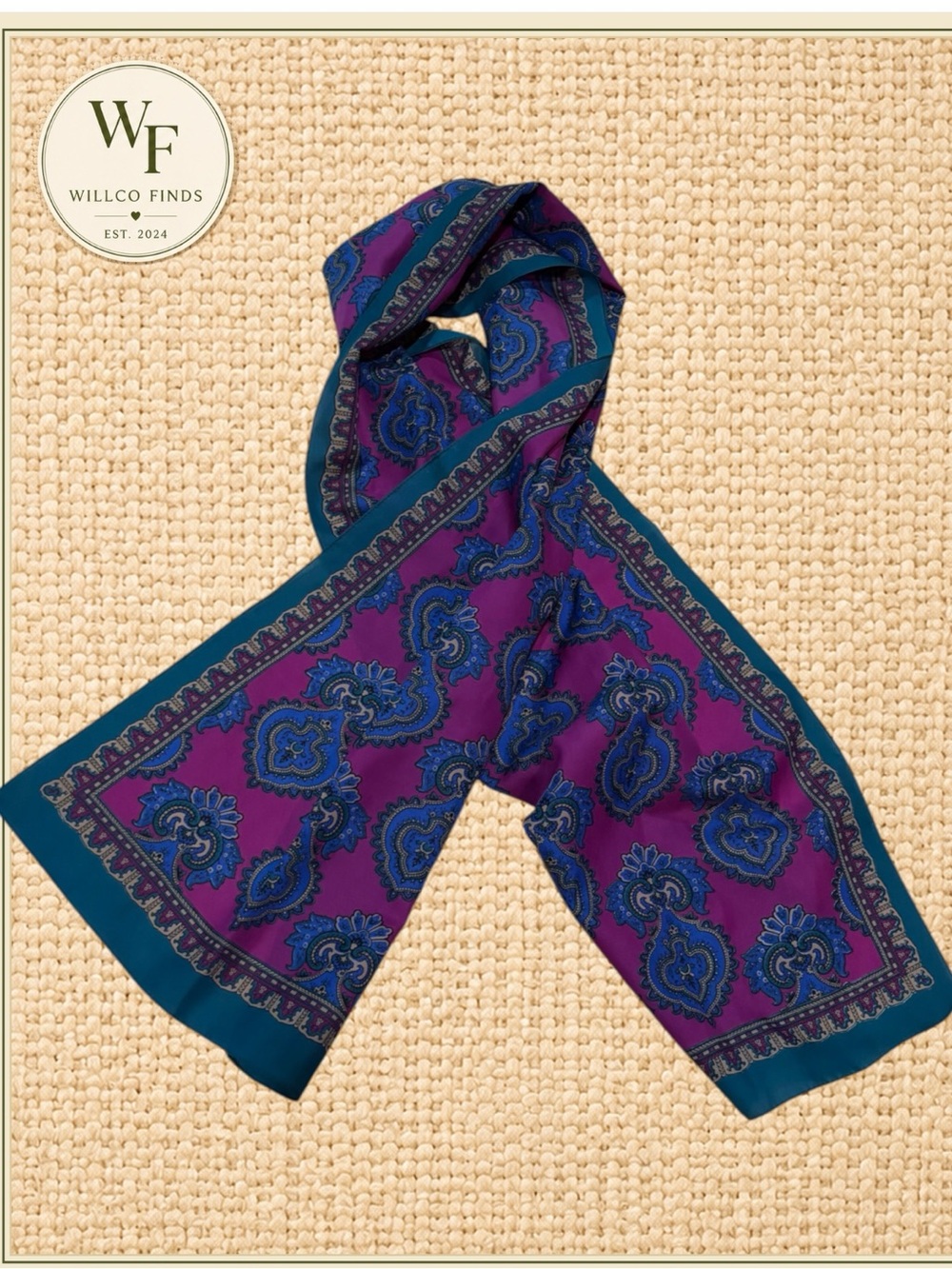 Fuchsia Blue Teal Paisley Long Scarf 53” x 11” Jewel Tone